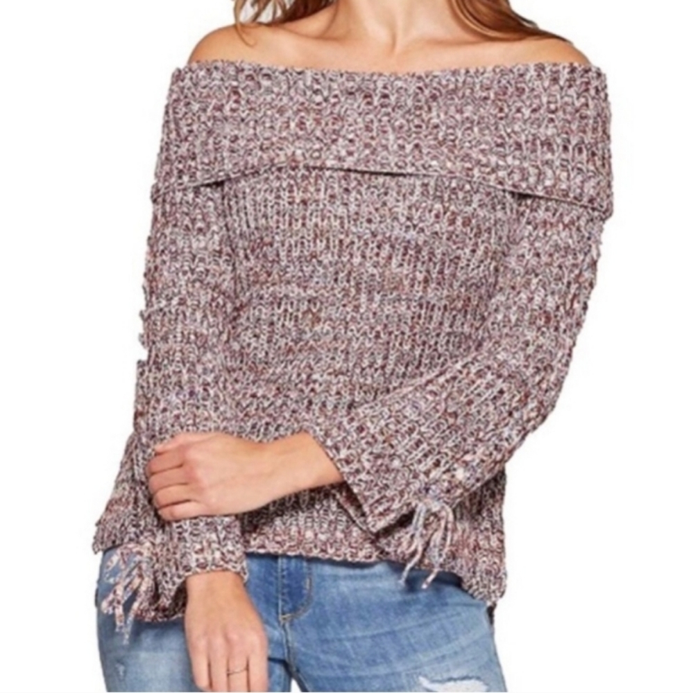 Knox Rose Sweater XXL Burgundy Marled Knit Off Shoulder Fold Down Lace Up Sleeve